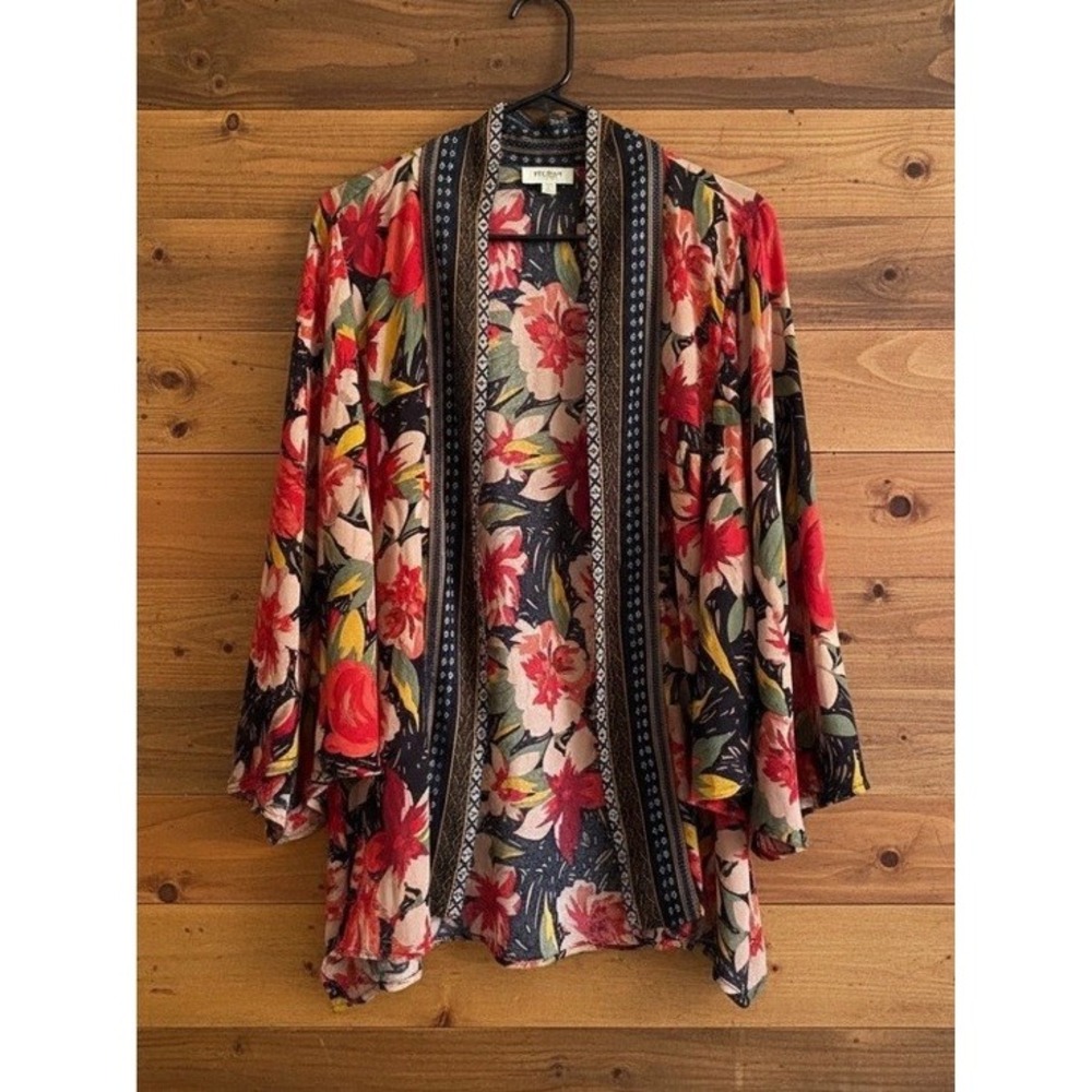 Umgee Boho Floral Kimono Cardigan Small Open Front Bell Sleeve Size small